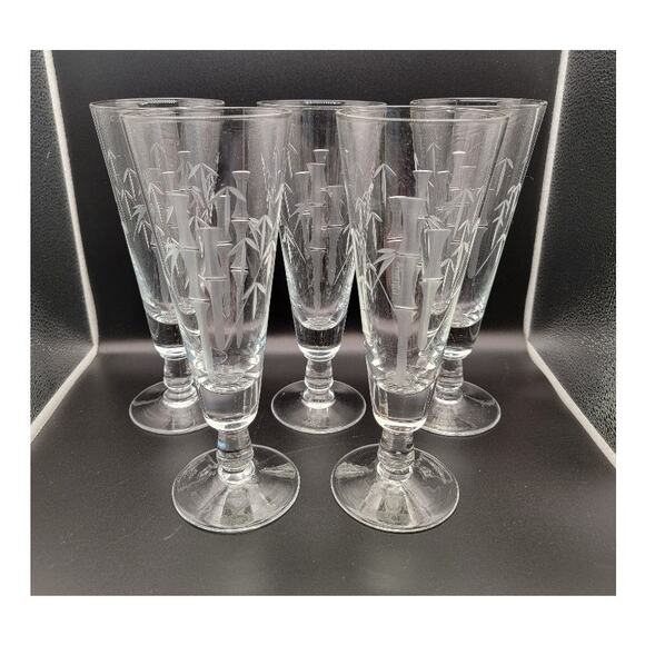 VTG Etched Bamboo Cut Crystal Glasses Set of 5 Tall Pilsners Retro MCM Barware - Picture 12 of 12